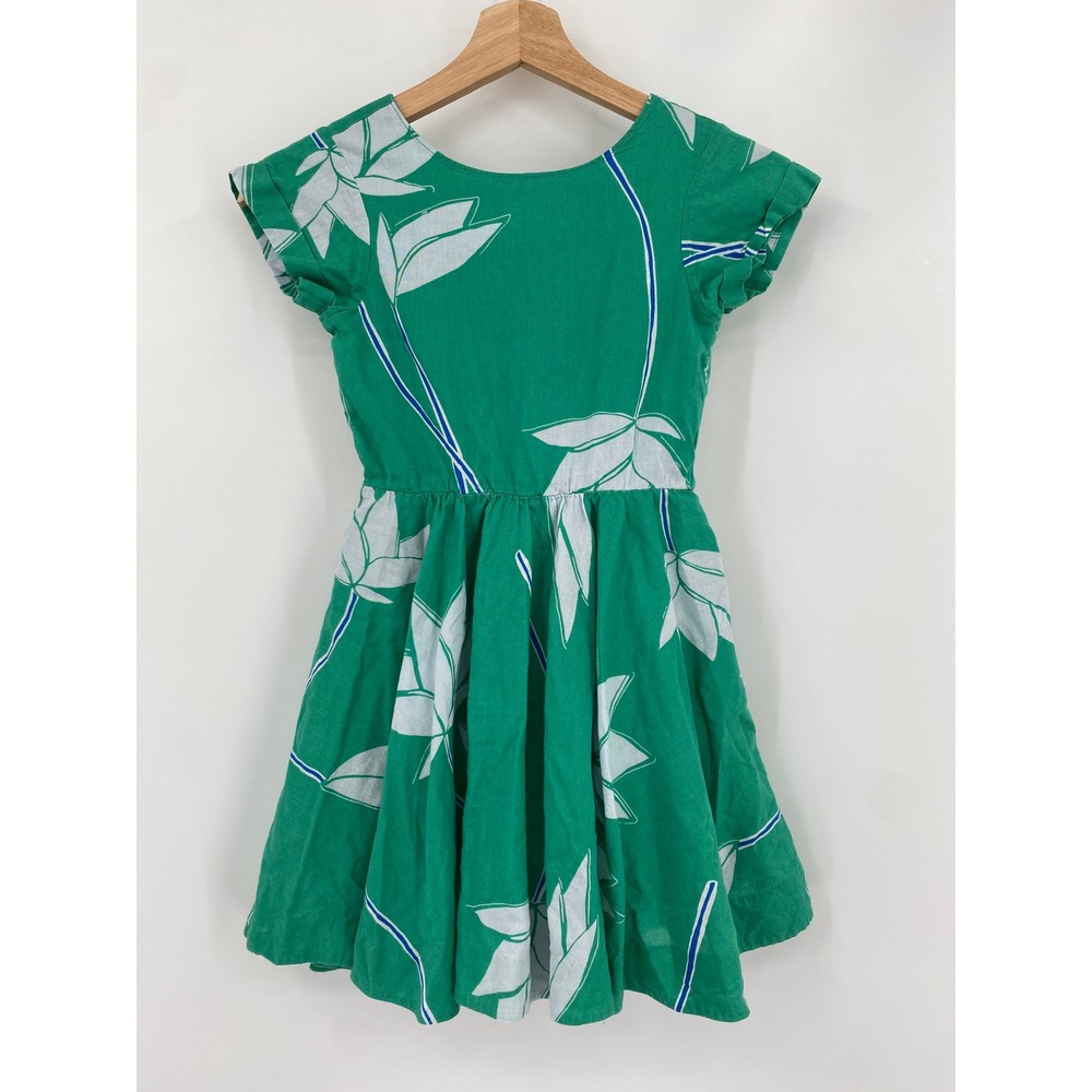 Tea Collection Dress Girls 7 Green Floral Cotton Cutout Back Cap Sleeve